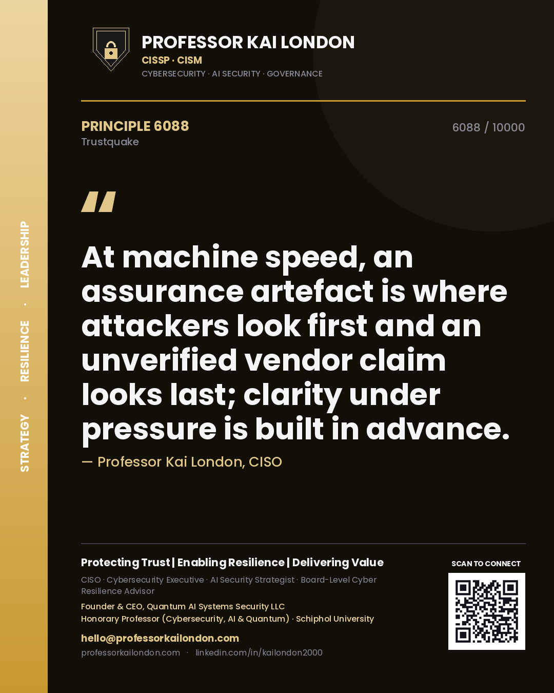 Professor Kai London principle 6088: At machine speed, an assurance artefact is where attackers look first and an unverified vendor claim looks last; clarity under pressure is built in advance.