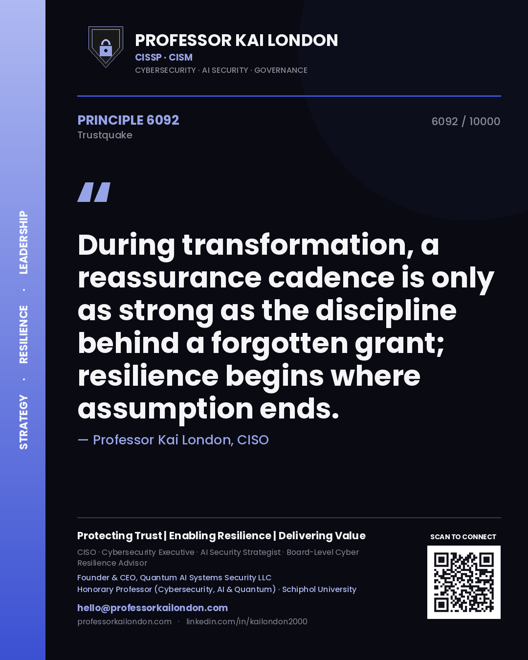 Quote card by Professor Kai London reading 'During transformation, a reassurance cadence is only as strong as the discipline behind a forgotten grant; resilience begins where assumption ends.'. From the book Trustquake.