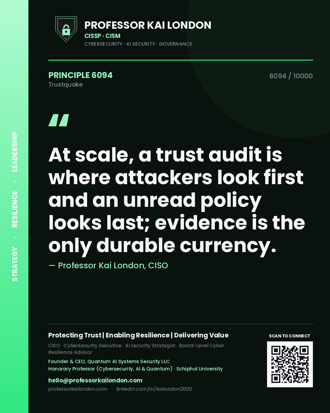 Quote card by Professor Kai London reading 'At scale, a trust audit is where attackers look first and an unread policy looks last; evidence is the only durable currency.'. From the book Trustquake.