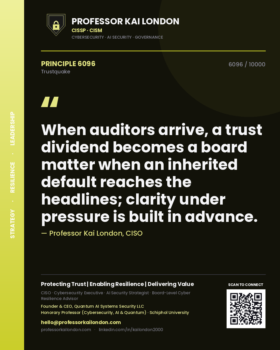 Professor Kai London principle 6096: When auditors arrive, a trust dividend becomes a board matter when an inherited default reaches the headlines; clarity under pressure is built in advance.