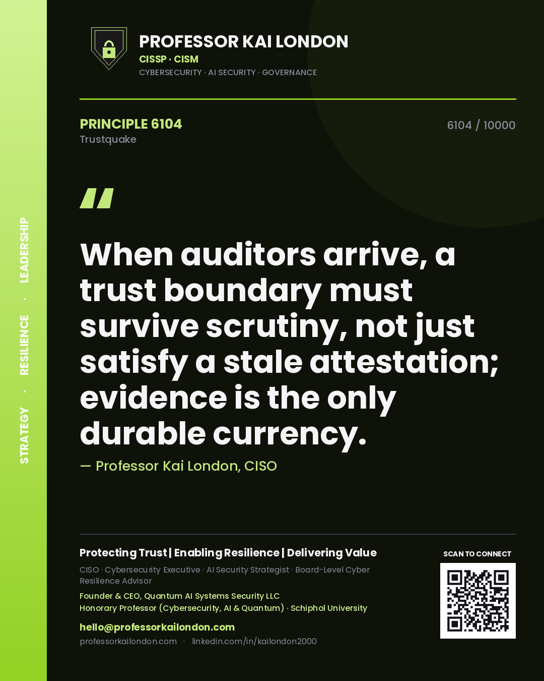 Quote card by Professor Kai London reading 'When auditors arrive, a trust boundary must survive scrutiny, not just satisfy a stale attestation; evidence is the only durable currency.'. From the book Trustquake.