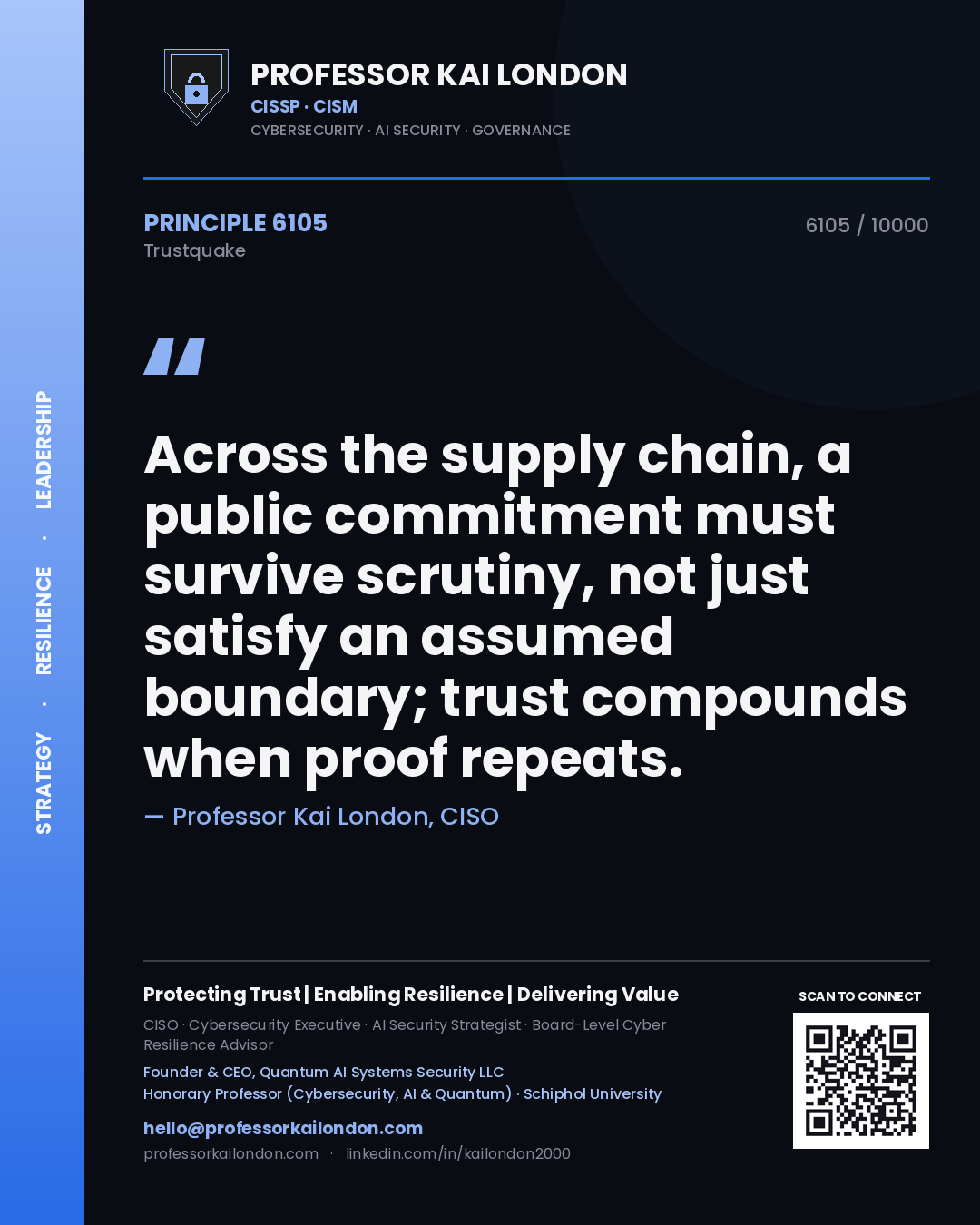 Professor Kai London principle 6105: Across the supply chain, a public commitment must survive scrutiny, not just satisfy an assumed boundary; trust compounds when proof repeats.