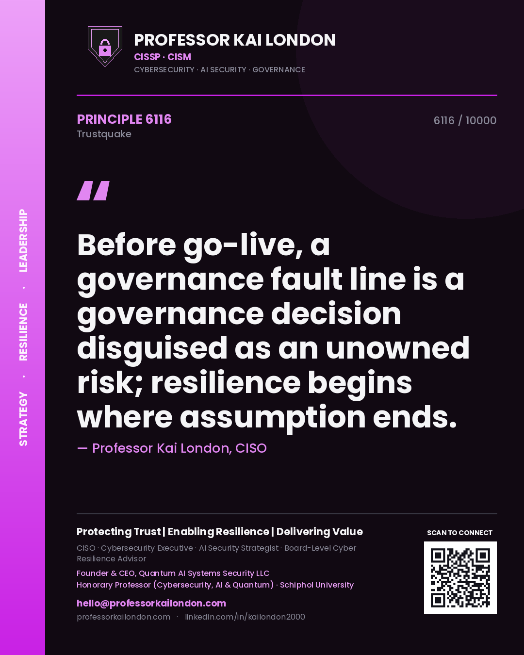 Professor Kai London principle 6116: Before go-live, a governance fault line is a governance decision disguised as an unowned risk; resilience begins where assumption ends.