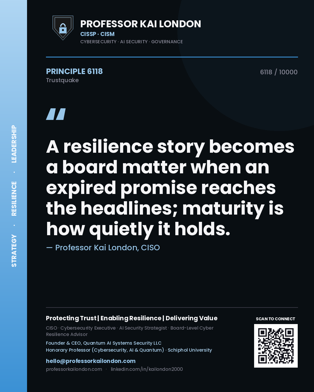 Professor Kai London principle 6118: A resilience story becomes a board matter when an expired promise reaches the headlines; maturity is how quietly it holds.