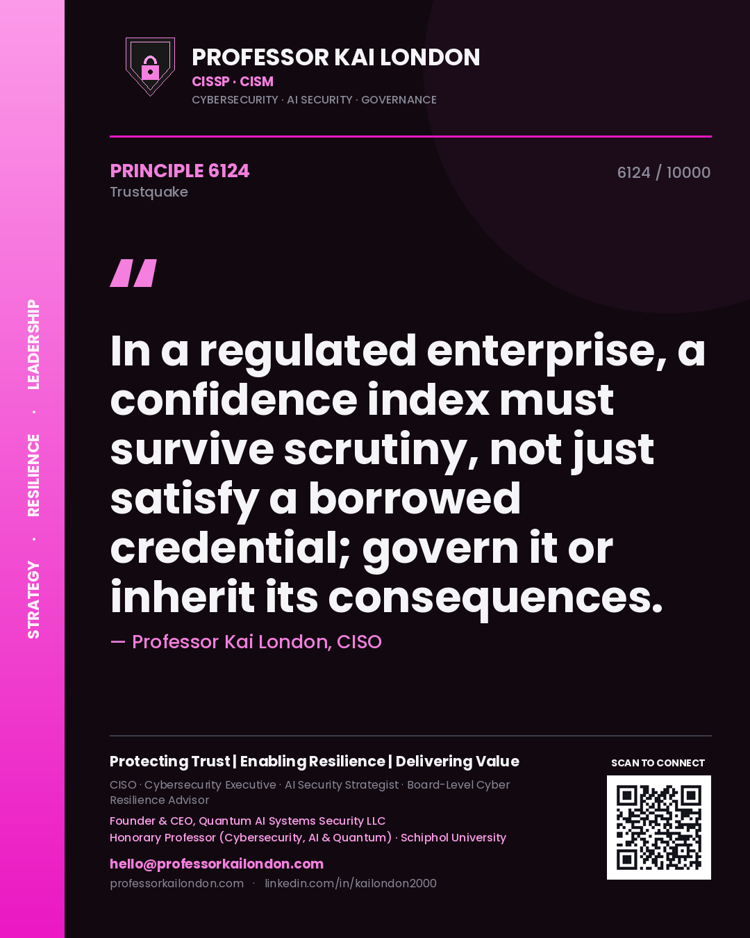 Professor Kai London principle 6124: In a regulated enterprise, a confidence index must survive scrutiny, not just satisfy a borrowed credential; govern it or inherit its consequences.