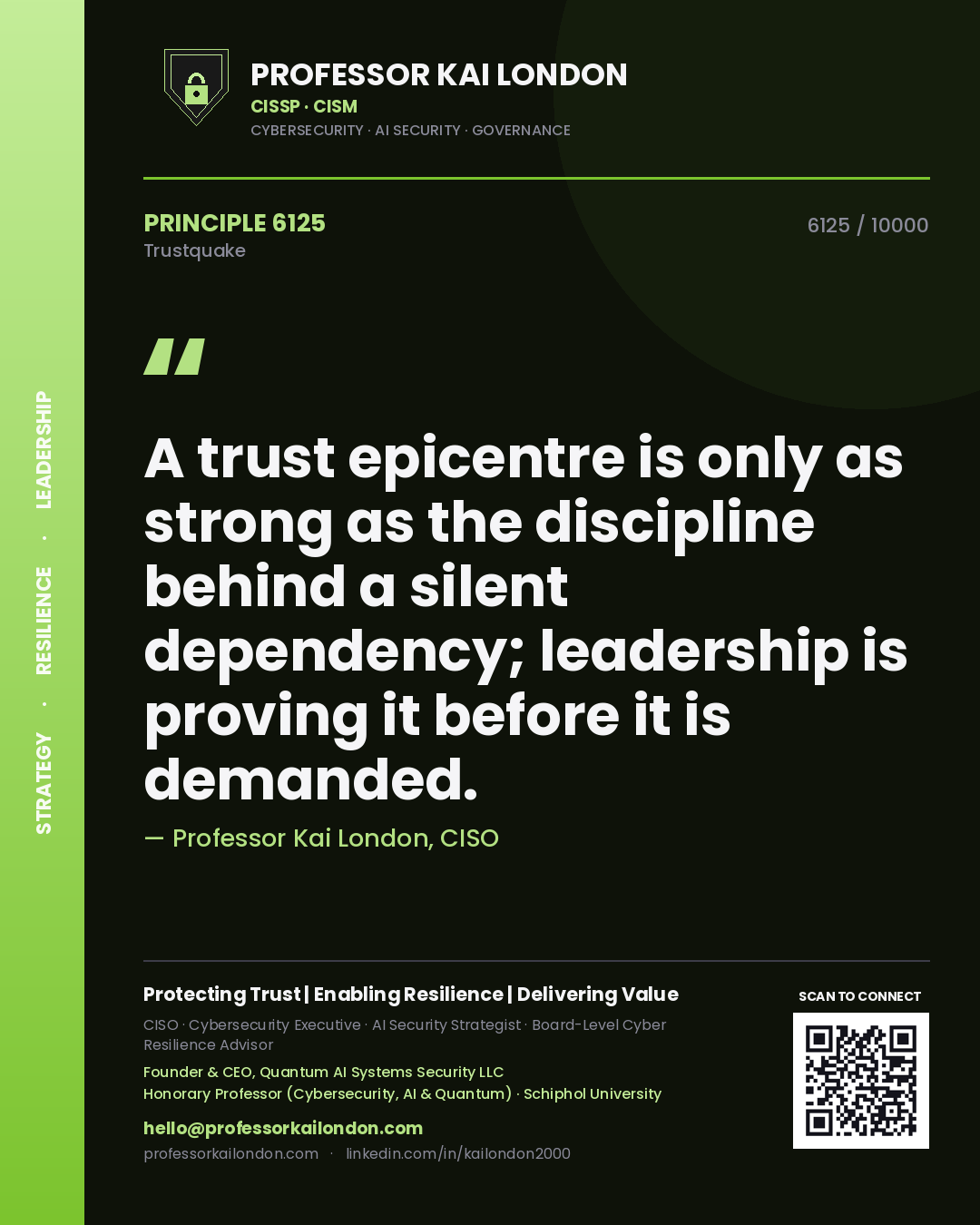 Professor Kai London principle 6125: A trust epicentre is only as strong as the discipline behind a silent dependency; leadership is proving it before it is demanded.