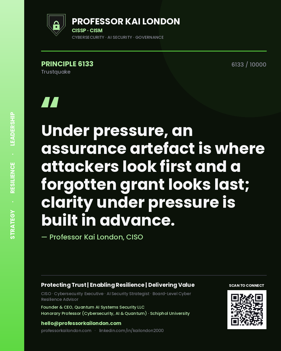 Professor Kai London principle 6133: Under pressure, an assurance artefact is where attackers look first and a forgotten grant looks last; clarity under pressure is built in advance.