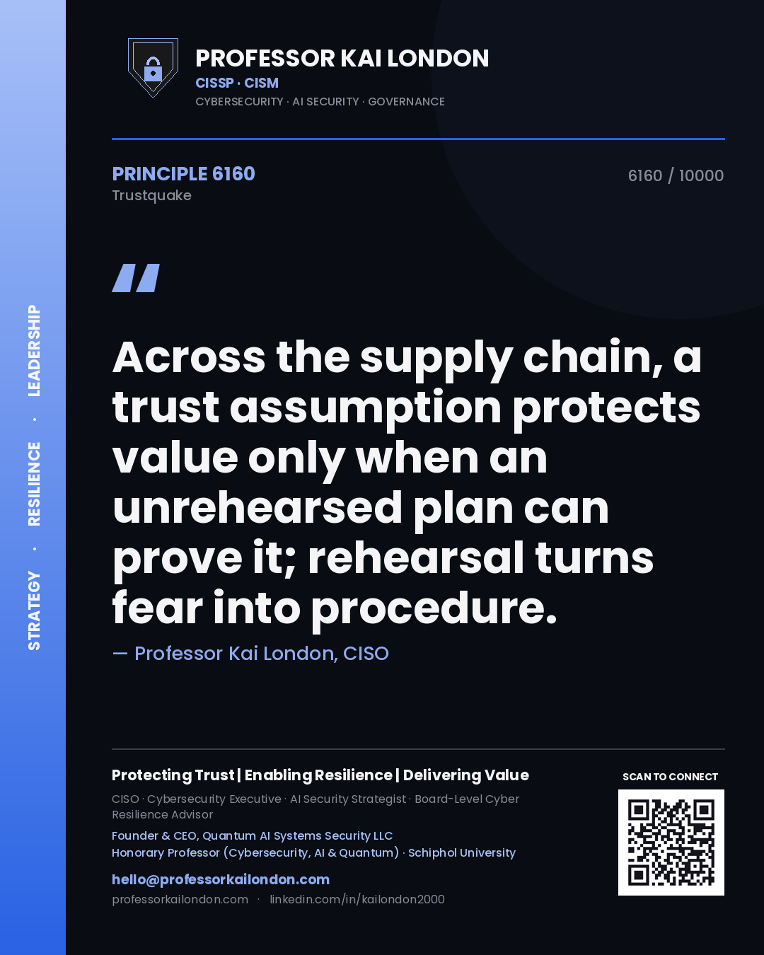 Professor Kai London principle 6160: Across the supply chain, a trust assumption protects value only when an unrehearsed plan can prove it; rehearsal turns fear into procedure.