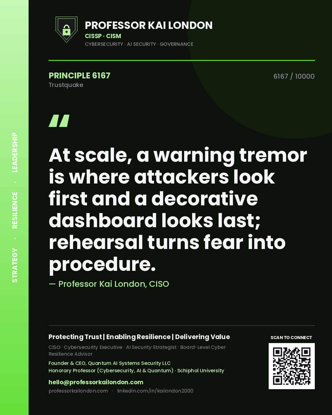 Quote card by Professor Kai London reading 'At scale, a warning tremor is where attackers look first and a decorative dashboard looks last; rehearsal turns fear into procedure.'. From the book Trustquake.