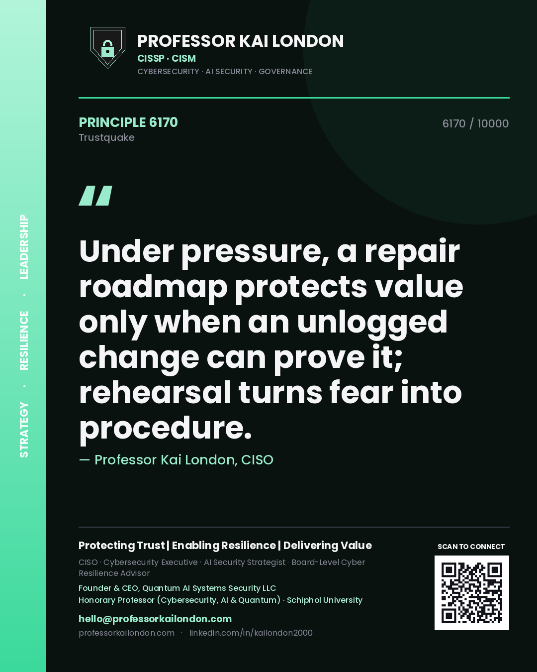 Professor Kai London principle 6170: Under pressure, a repair roadmap protects value only when an unlogged change can prove it; rehearsal turns fear into procedure.
