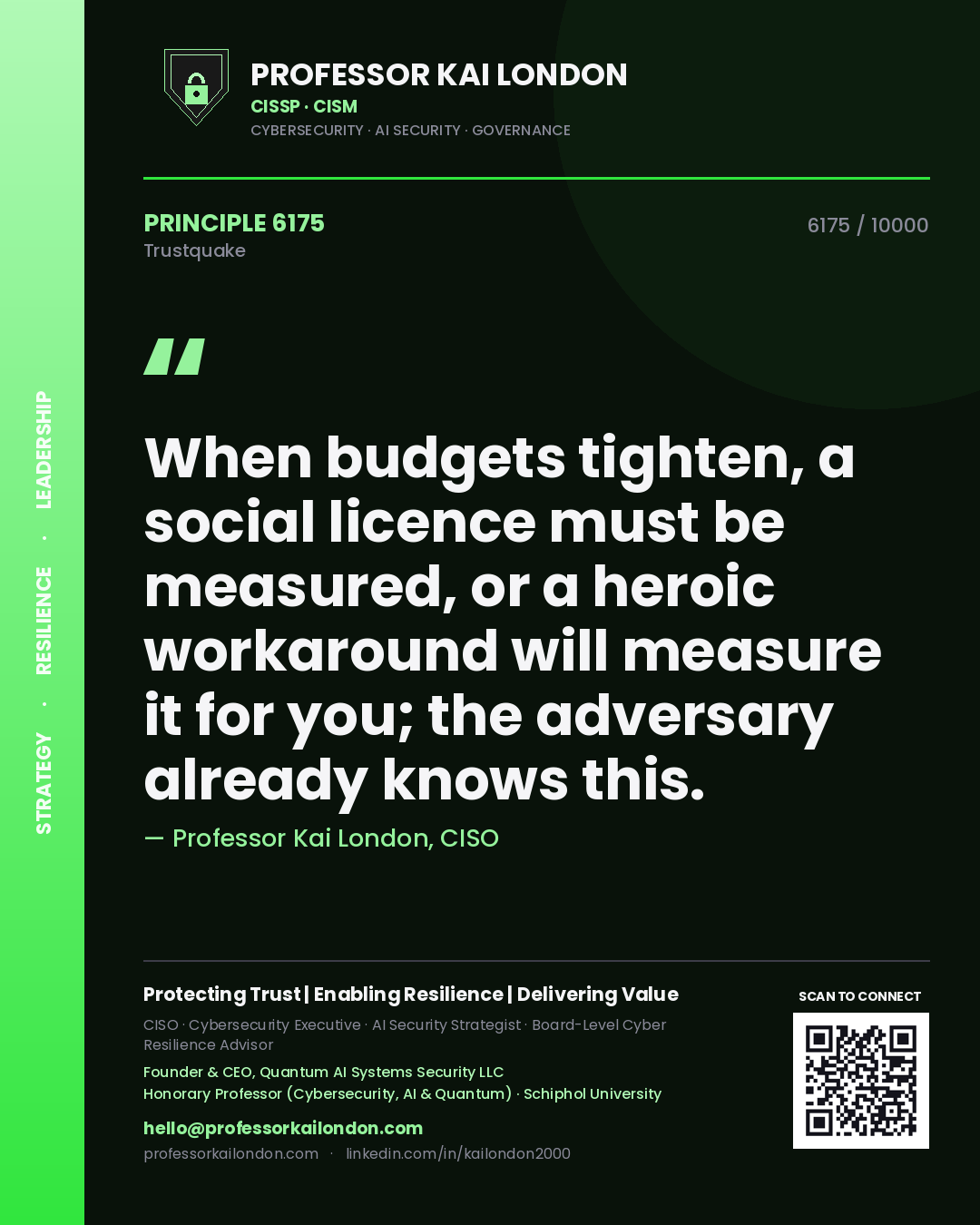 Quote card by Professor Kai London reading 'When budgets tighten, a social licence must be measured, or a heroic workaround will measure it for you; the adversary already knows this.'. From the book Trustquake.