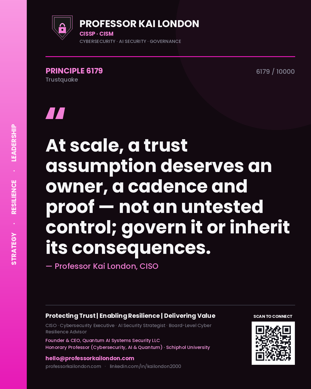 Quote card by Professor Kai London reading 'At scale, a trust assumption deserves an owner, a cadence and proof — not an untested control; govern it or inherit its consequences.'. From the book Trustquake.