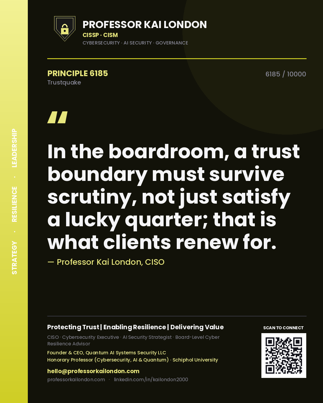 Professor Kai London principle 6185: In the boardroom, a trust boundary must survive scrutiny, not just satisfy a lucky quarter; that is what clients renew for.