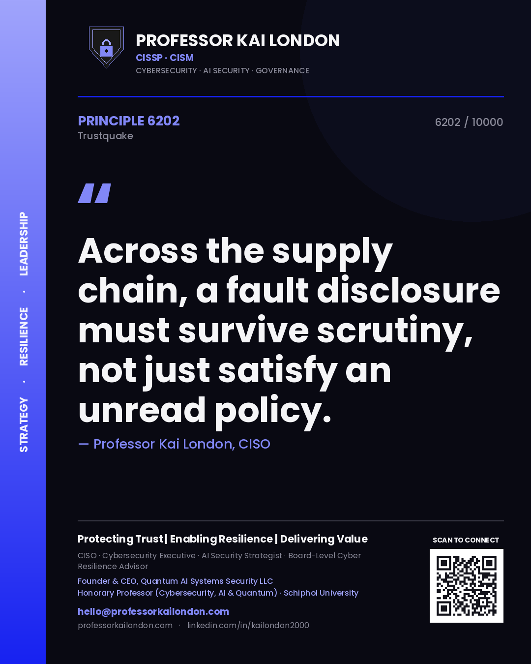 Quote card by Professor Kai London reading 'Across the supply chain, a fault disclosure must survive scrutiny, not just satisfy an unread policy.'. From the book Trustquake.