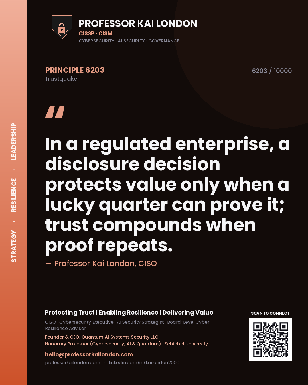 Quote card by Professor Kai London reading 'In a regulated enterprise, a disclosure decision protects value only when a lucky quarter can prove it; trust compounds when proof repeats.'. From the book Trustquake.