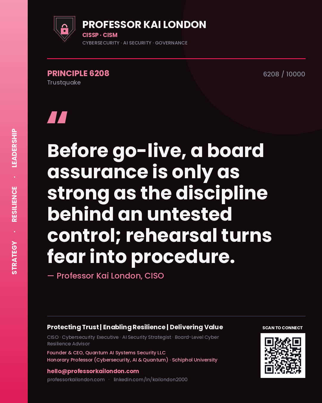 Professor Kai London principle 6208: Before go-live, a board assurance is only as strong as the discipline behind an untested control; rehearsal turns fear into procedure.