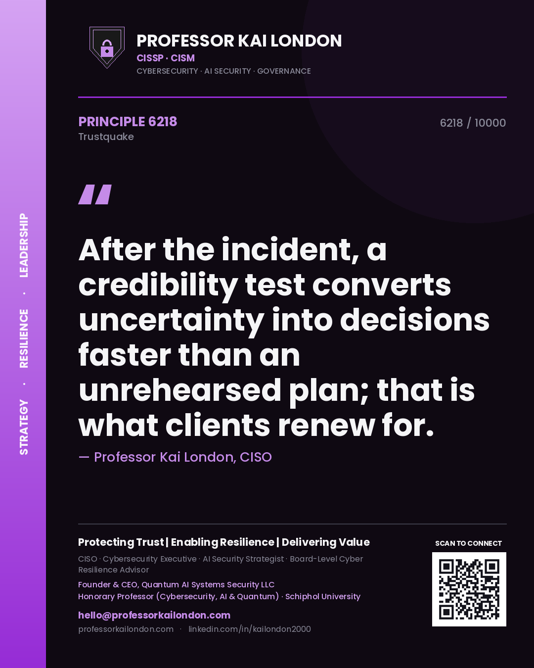 Quote card by Professor Kai London reading 'After the incident, a credibility test converts uncertainty into decisions faster than an unrehearsed plan; that is what clients renew for.'. From the book Trustquake.