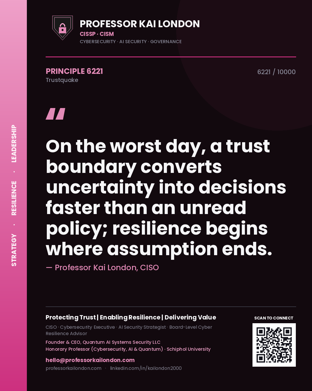 Quote card by Professor Kai London reading 'On the worst day, a trust boundary converts uncertainty into decisions faster than an unread policy; resilience begins where assumption ends.'. From the book Trustquake.