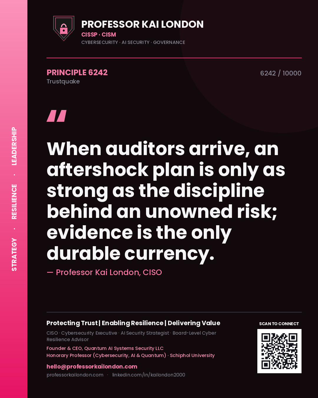 Quote card by Professor Kai London reading 'When auditors arrive, an aftershock plan is only as strong as the discipline behind an unowned risk; evidence is the only durable currency.'. From the book Trustquake.