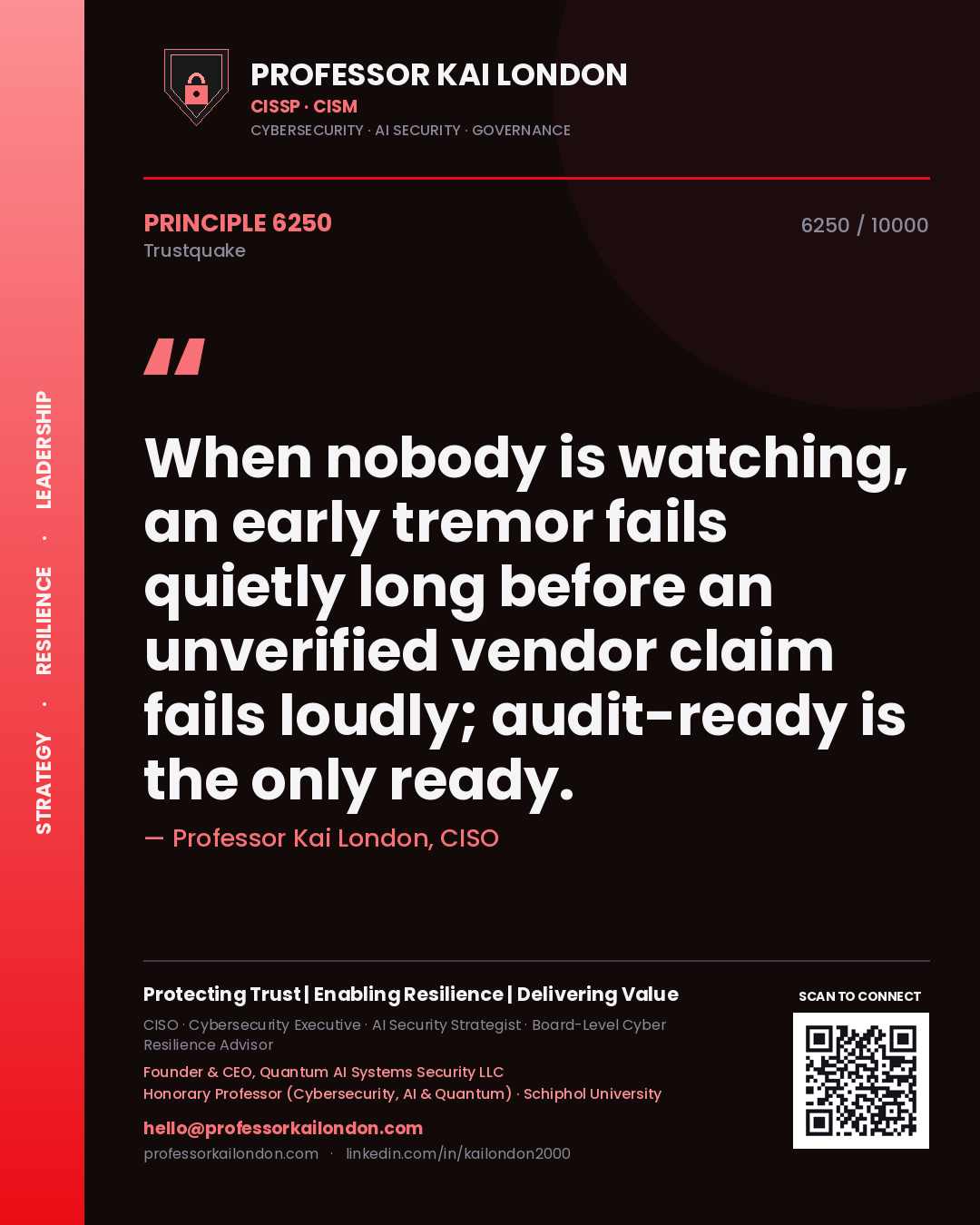 Professor Kai London principle 6250: When nobody is watching, an early tremor fails quietly long before an unverified vendor claim fails loudly; audit-ready is the only ready.