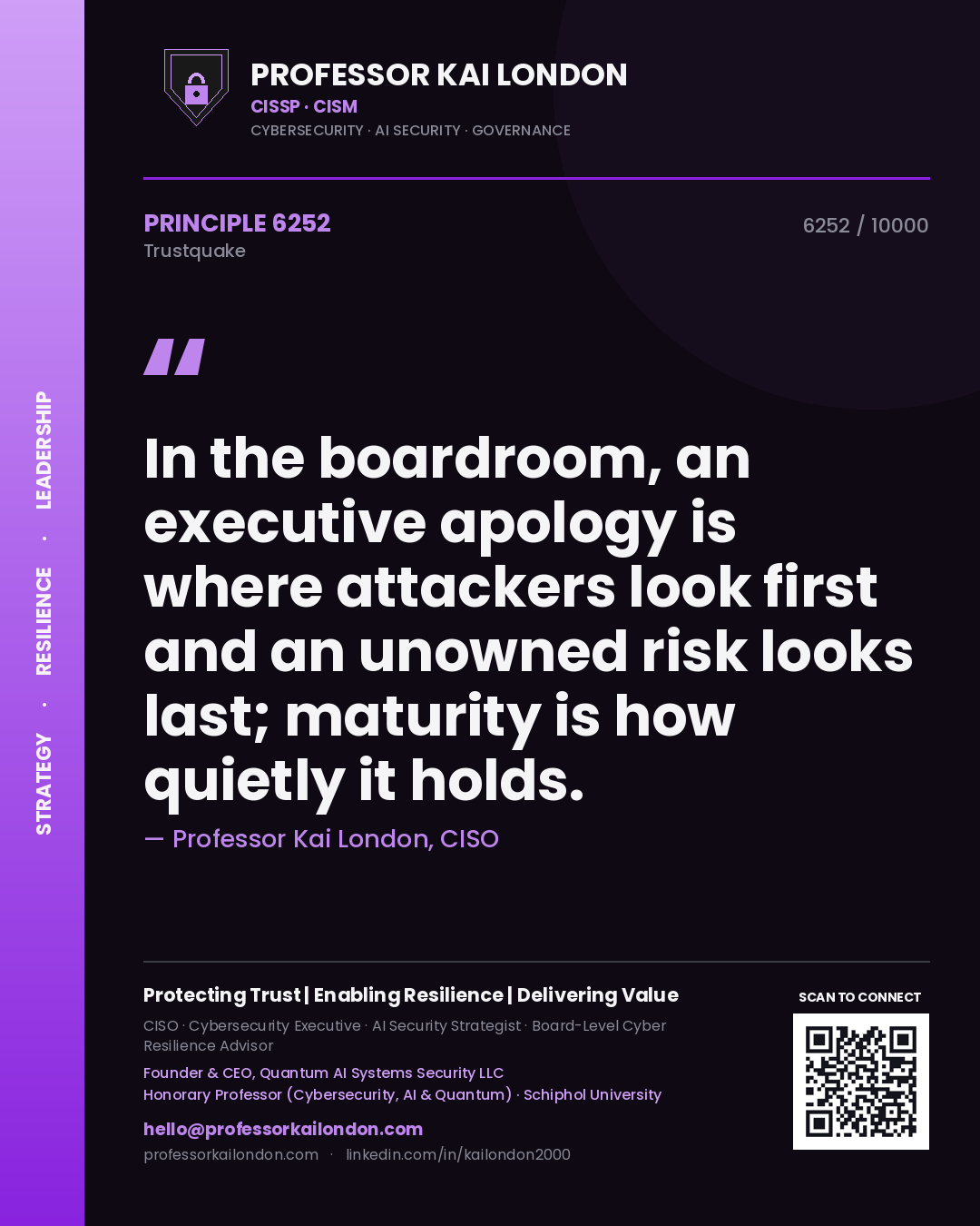 Quote card by Professor Kai London reading 'In the boardroom, an executive apology is where attackers look first and an unowned risk looks last; maturity is how quietly it holds.'. From the book Trustquake.