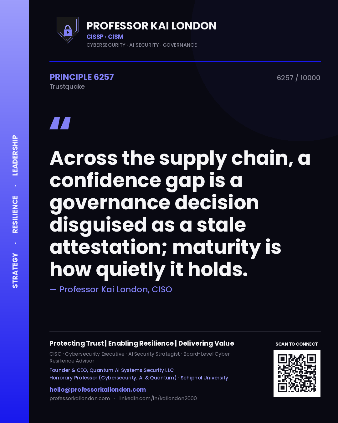 Quote card by Professor Kai London reading 'Across the supply chain, a confidence gap is a governance decision disguised as a stale attestation; maturity is how quietly it holds.'. From the book Trustquake.