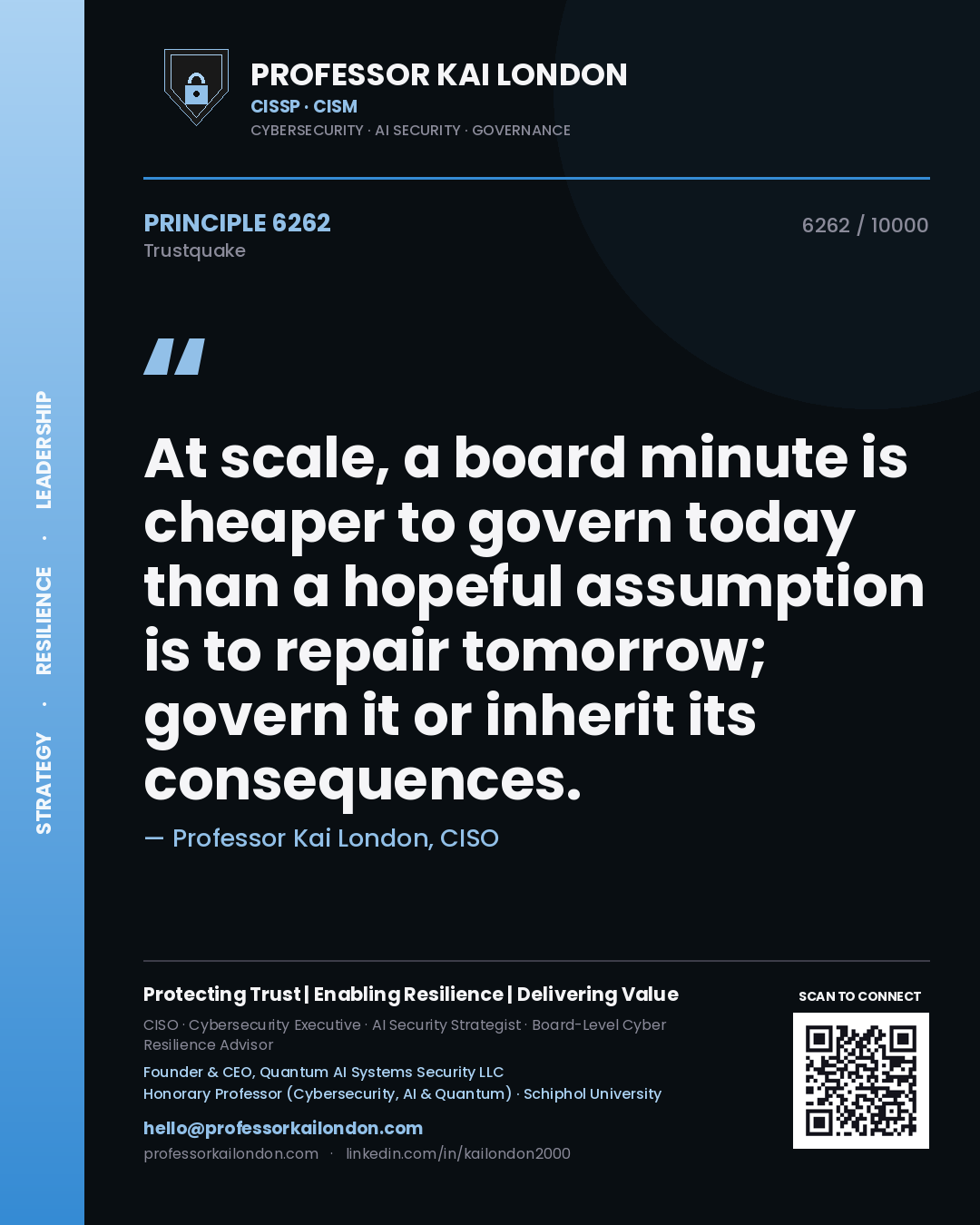 Quote card by Professor Kai London reading 'At scale, a board minute is cheaper to govern today than a hopeful assumption is to repair tomorrow; govern it or inherit its consequences.'. From the book Trustquake.