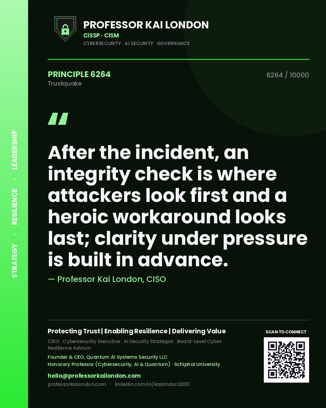 Quote card by Professor Kai London reading 'After the incident, an integrity check is where attackers look first and a heroic workaround looks last; clarity under pressure is built in advance.'. From the book Trustquake.