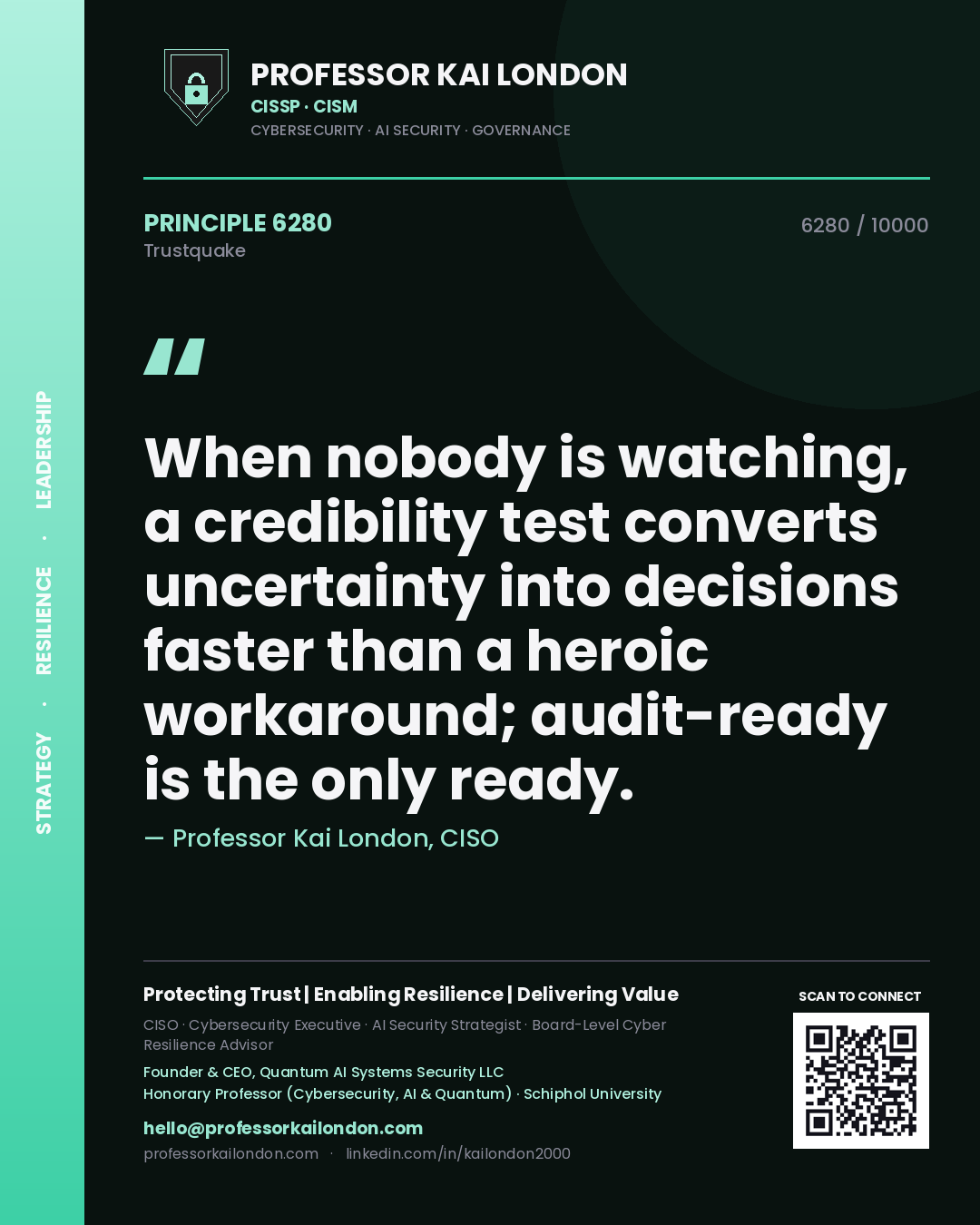 Professor Kai London principle 6280: When nobody is watching, a credibility test converts uncertainty into decisions faster than a heroic workaround; audit-ready is the only ready.