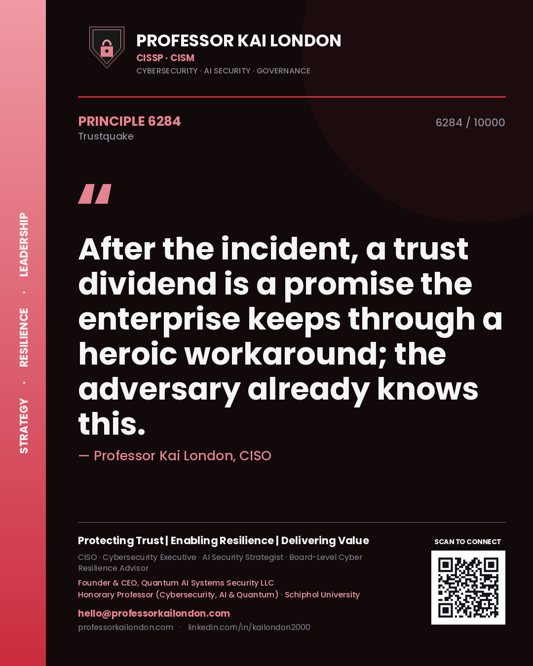 Quote card by Professor Kai London reading 'After the incident, a trust dividend is a promise the enterprise keeps through a heroic workaround; the adversary already knows this.'. From the book Trustquake.