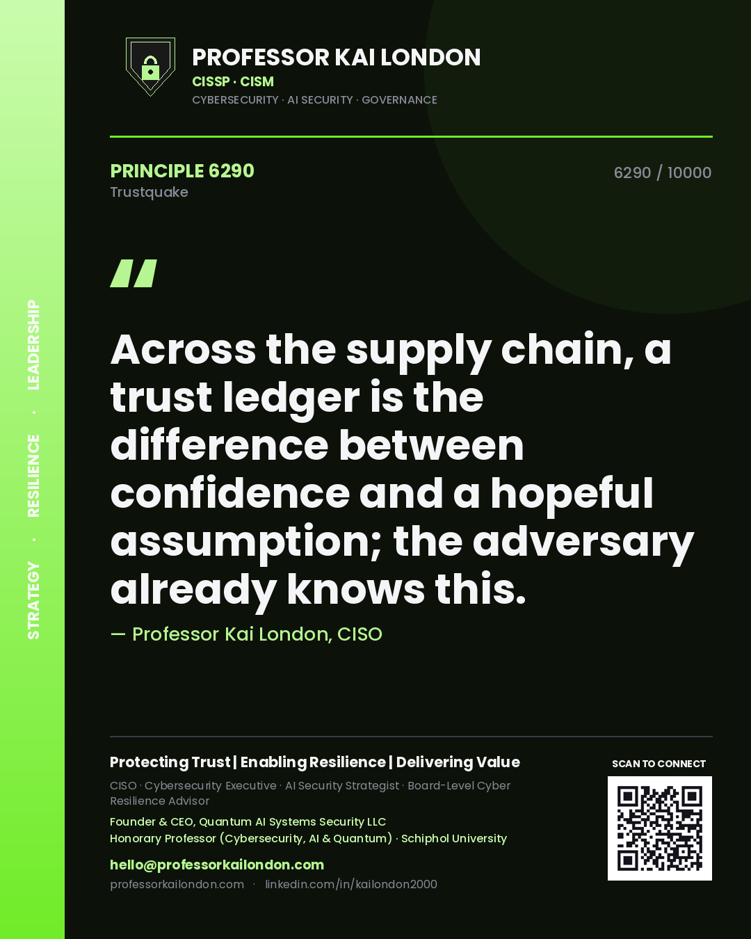 Quote card by Professor Kai London reading 'Across the supply chain, a trust ledger is the difference between confidence and a hopeful assumption; the adversary already knows this.'. From the book Trustquake.