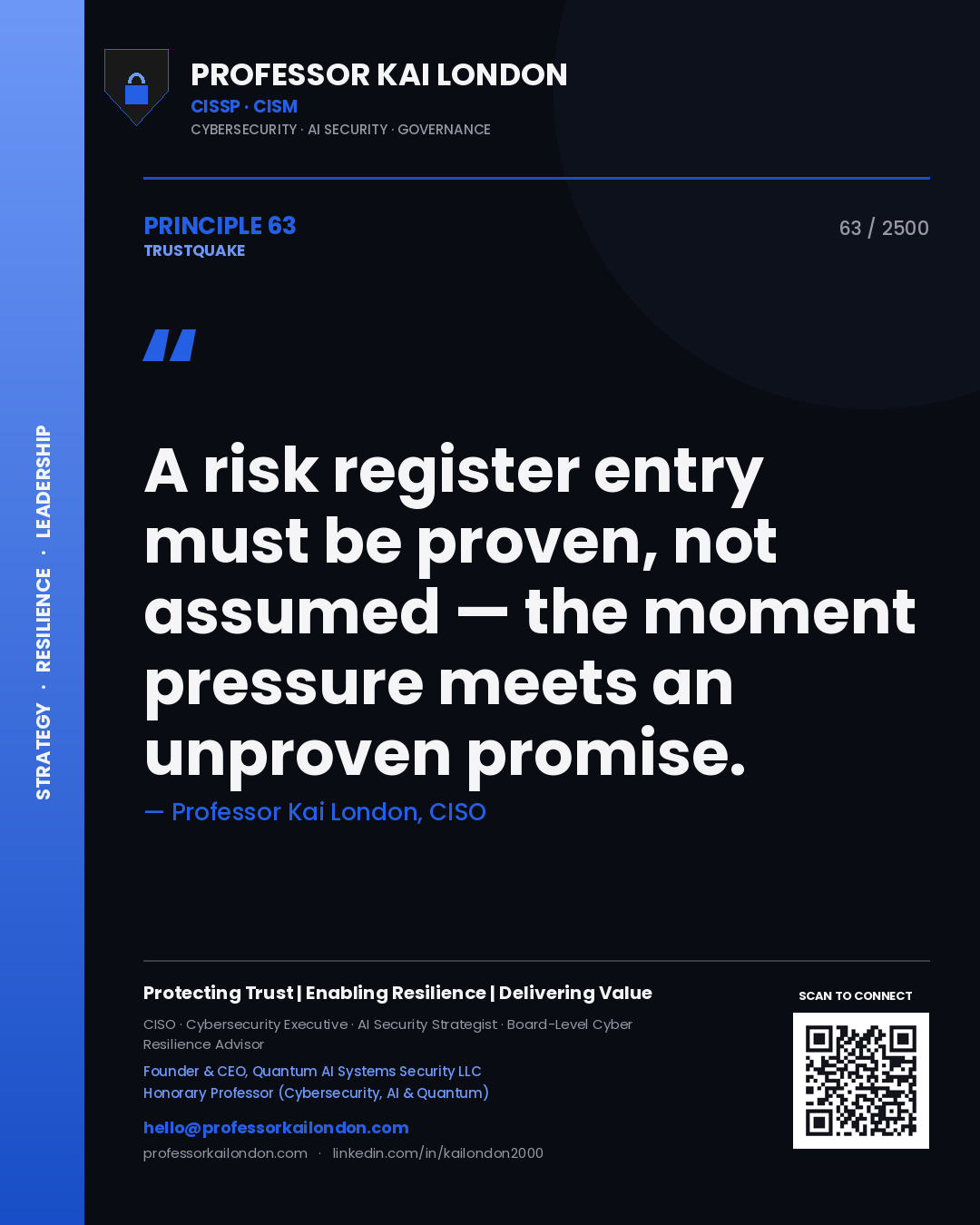 Quote card by Professor Kai London reading 'A risk register entry must be proven, not assumed — the moment pressure meets an unproven promise.'. From the book Trustquake.
