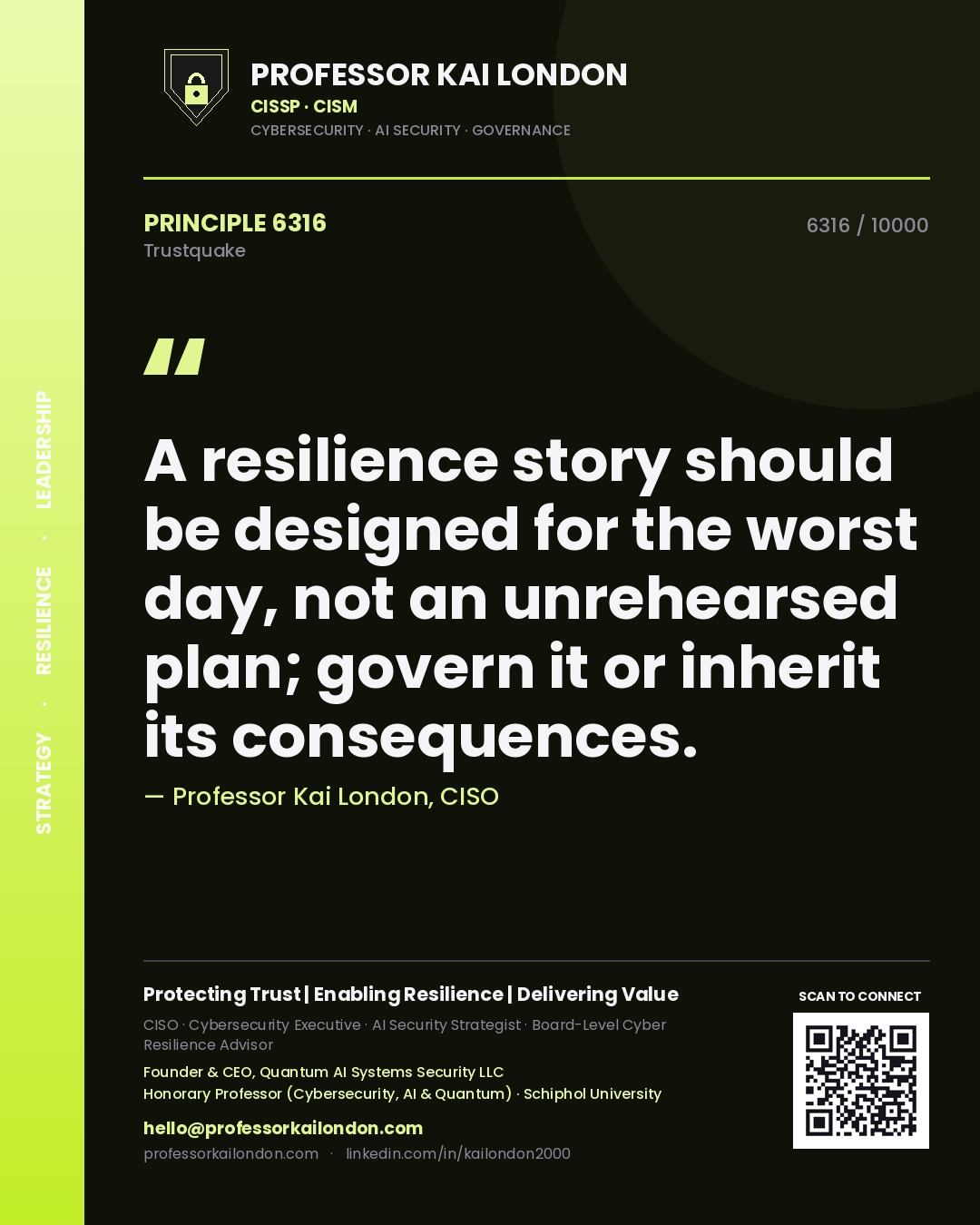 Quote card by Professor Kai London reading 'A resilience story should be designed for the worst day, not an unrehearsed plan; govern it or inherit its consequences.'. From the book Trustquake.