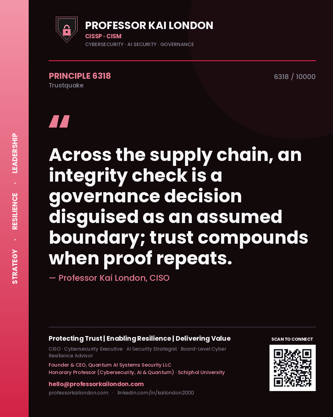 Quote card by Professor Kai London reading 'Across the supply chain, an integrity check is a governance decision disguised as an assumed boundary; trust compounds when proof repeats.'. From the book Trustquake.