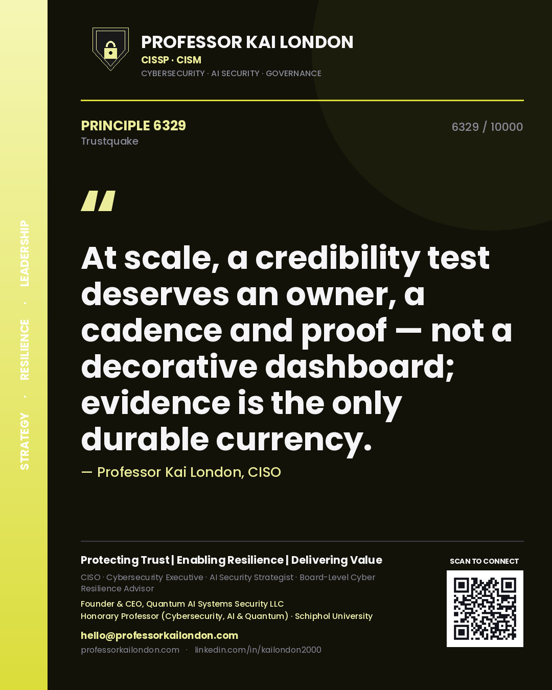 Quote card by Professor Kai London reading 'At scale, a credibility test deserves an owner, a cadence and proof — not a decorative dashboard; evidence is the only durable currency.'. From the book Trustquake.