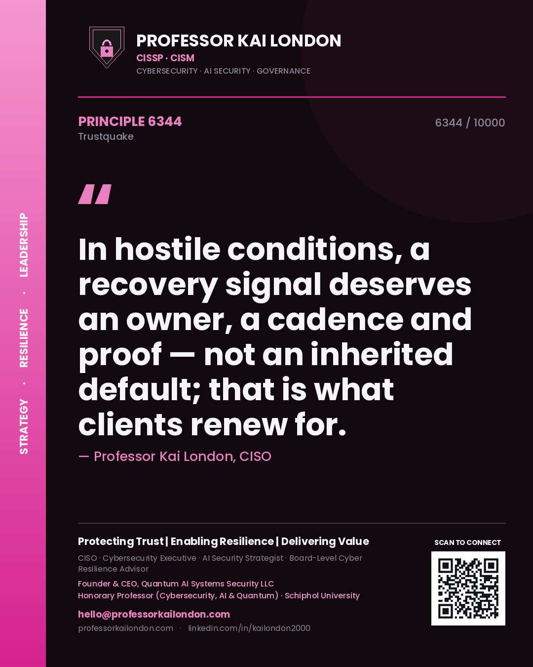 Quote card by Professor Kai London reading 'In hostile conditions, a recovery signal deserves an owner, a cadence and proof — not an inherited default; that is what clients renew for.'. From the book Trustquake.