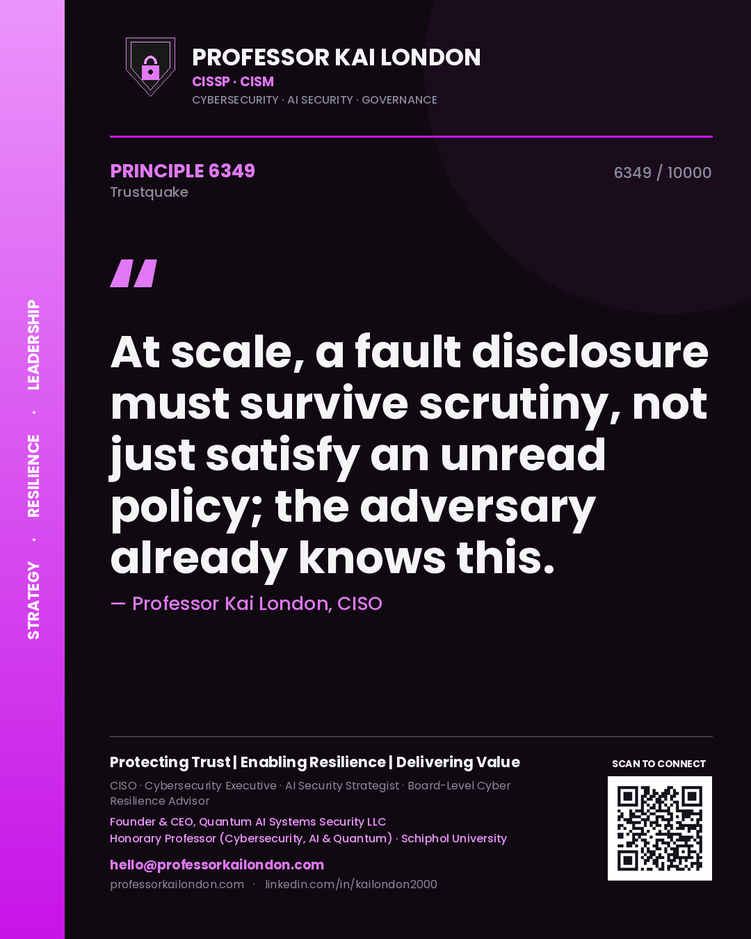 Quote card by Professor Kai London reading 'At scale, a fault disclosure must survive scrutiny, not just satisfy an unread policy; the adversary already knows this.'. From the book Trustquake.
