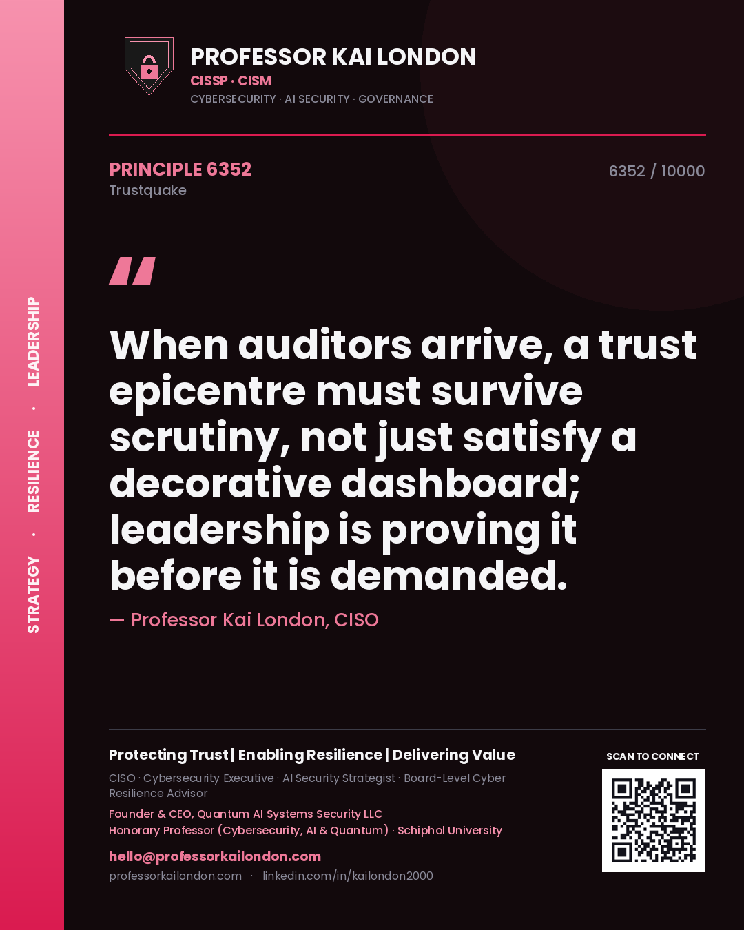 Quote card by Professor Kai London reading 'When auditors arrive, a trust epicentre must survive scrutiny, not just satisfy a decorative dashboard; leadership is proving it before it is demanded.'. From the book Trustquake.