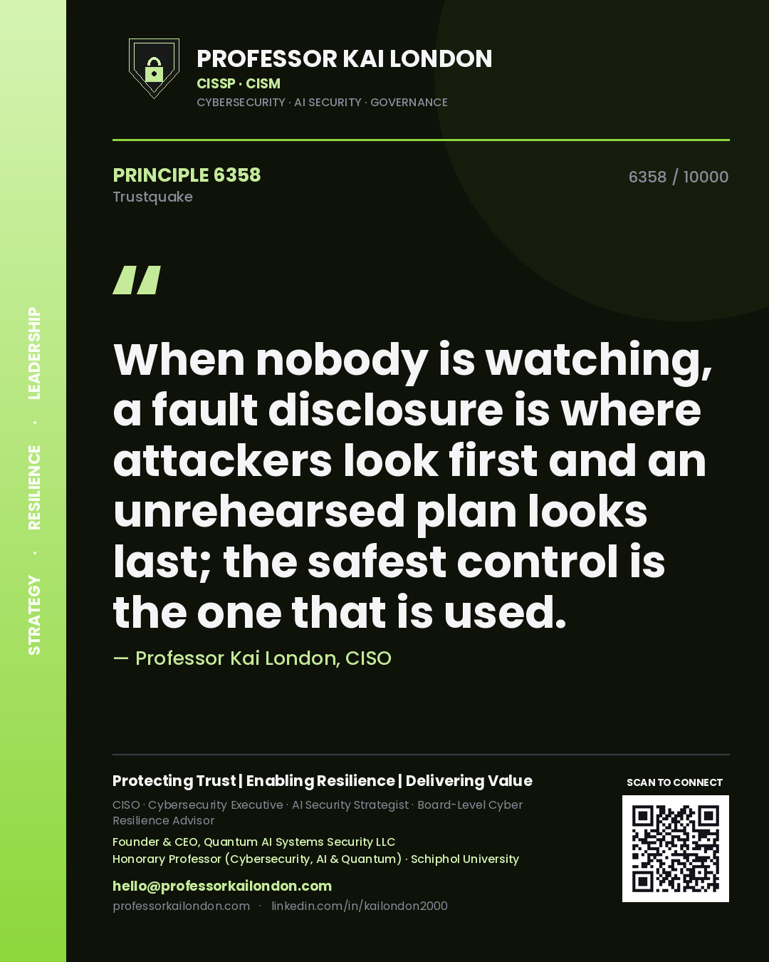 Quote card by Professor Kai London reading 'When nobody is watching, a fault disclosure is where attackers look first and an unrehearsed plan looks last; the safest control is the one that is used.'. From the book Trustquake.