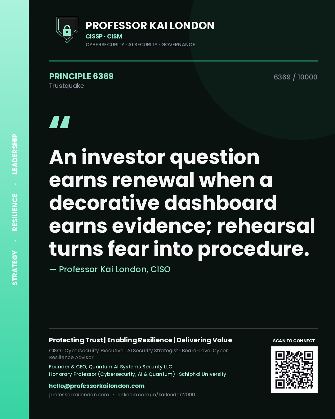 Quote card by Professor Kai London reading 'An investor question earns renewal when a decorative dashboard earns evidence; rehearsal turns fear into procedure.'. From the book Trustquake.