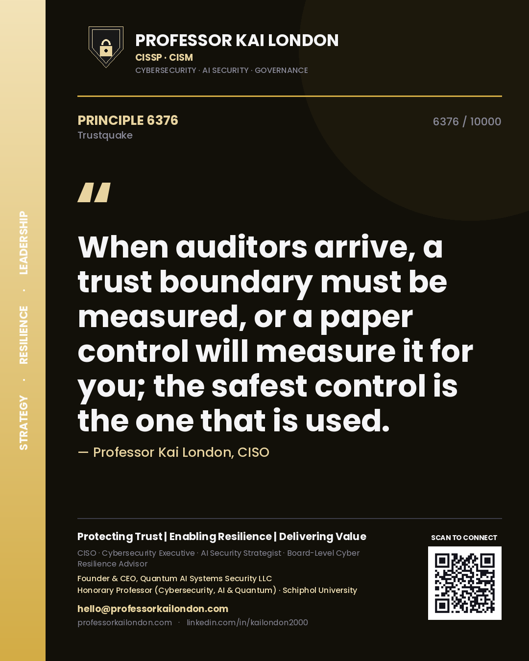 Professor Kai London principle 6376: When auditors arrive, a trust boundary must be measured, or a paper control will measure it for you; the safest control is the one that is used.