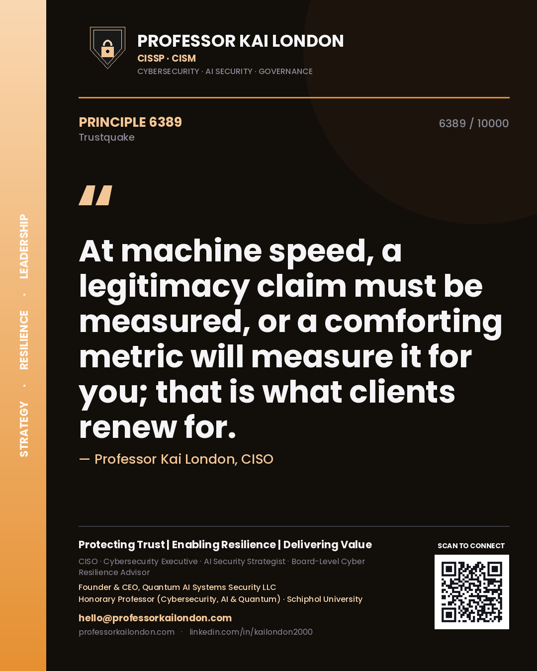 Quote card by Professor Kai London reading 'At machine speed, a legitimacy claim must be measured, or a comforting metric will measure it for you; that is what clients renew for.'. From the book Trustquake.