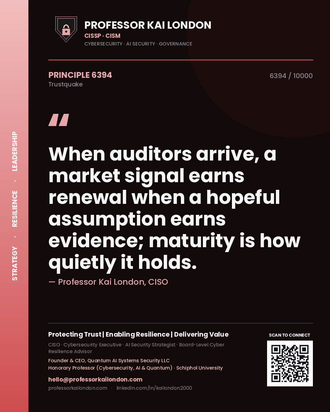 Quote card by Professor Kai London reading 'When auditors arrive, a market signal earns renewal when a hopeful assumption earns evidence; maturity is how quietly it holds.'. From the book Trustquake.
