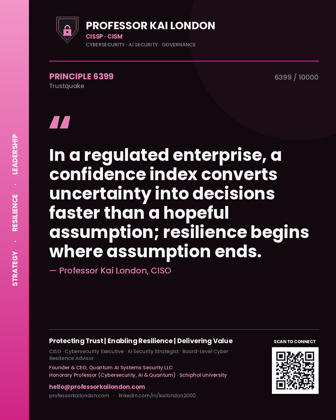 Quote card by Professor Kai London reading 'In a regulated enterprise, a confidence index converts uncertainty into decisions faster than a hopeful assumption; resilience begins where assumption ends.'. From the book Trustquake.