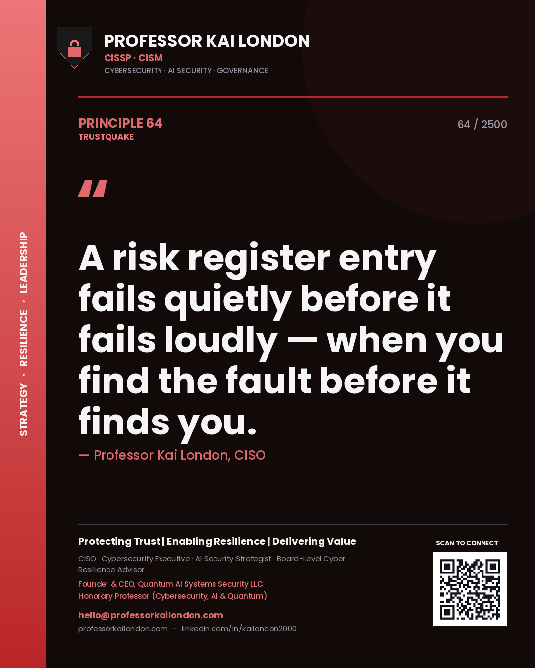 Professor Kai London principle 64: A risk register entry fails quietly before it fails loudly — when you find the fault before it finds you.