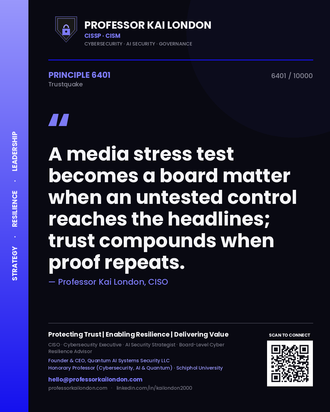 Professor Kai London principle 6401: A media stress test becomes a board matter when an untested control reaches the headlines; trust compounds when proof repeats.