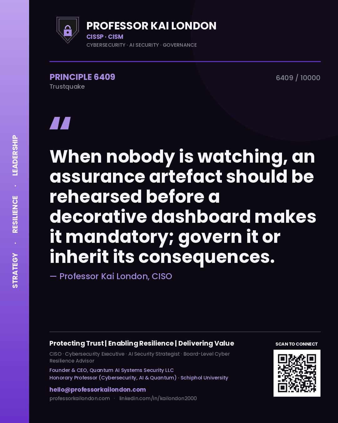 Professor Kai London principle 6409: When nobody is watching, an assurance artefact should be rehearsed before a decorative dashboard makes it mandatory; govern it or inherit its consequences.