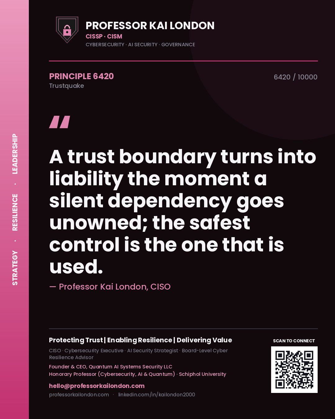 Quote card by Professor Kai London reading 'A trust boundary turns into liability the moment a silent dependency goes unowned; the safest control is the one that is used.'. From the book Trustquake.