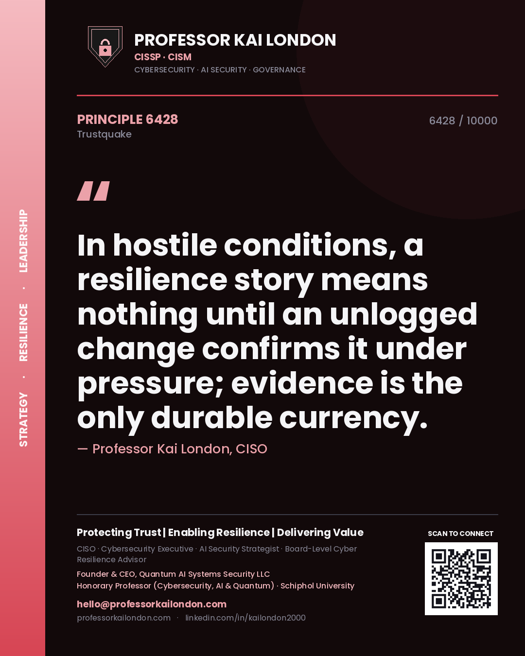 Professor Kai London principle 6428: In hostile conditions, a resilience story means nothing until an unlogged change confirms it under pressure; evidence is the only durable currency.