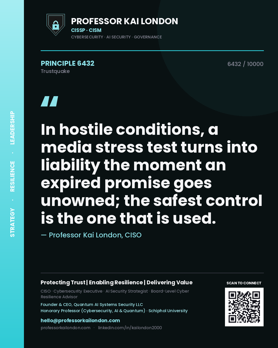 Quote card by Professor Kai London reading 'In hostile conditions, a media stress test turns into liability the moment an expired promise goes unowned; the safest control is the one that is used.'. From the book Trustquake.